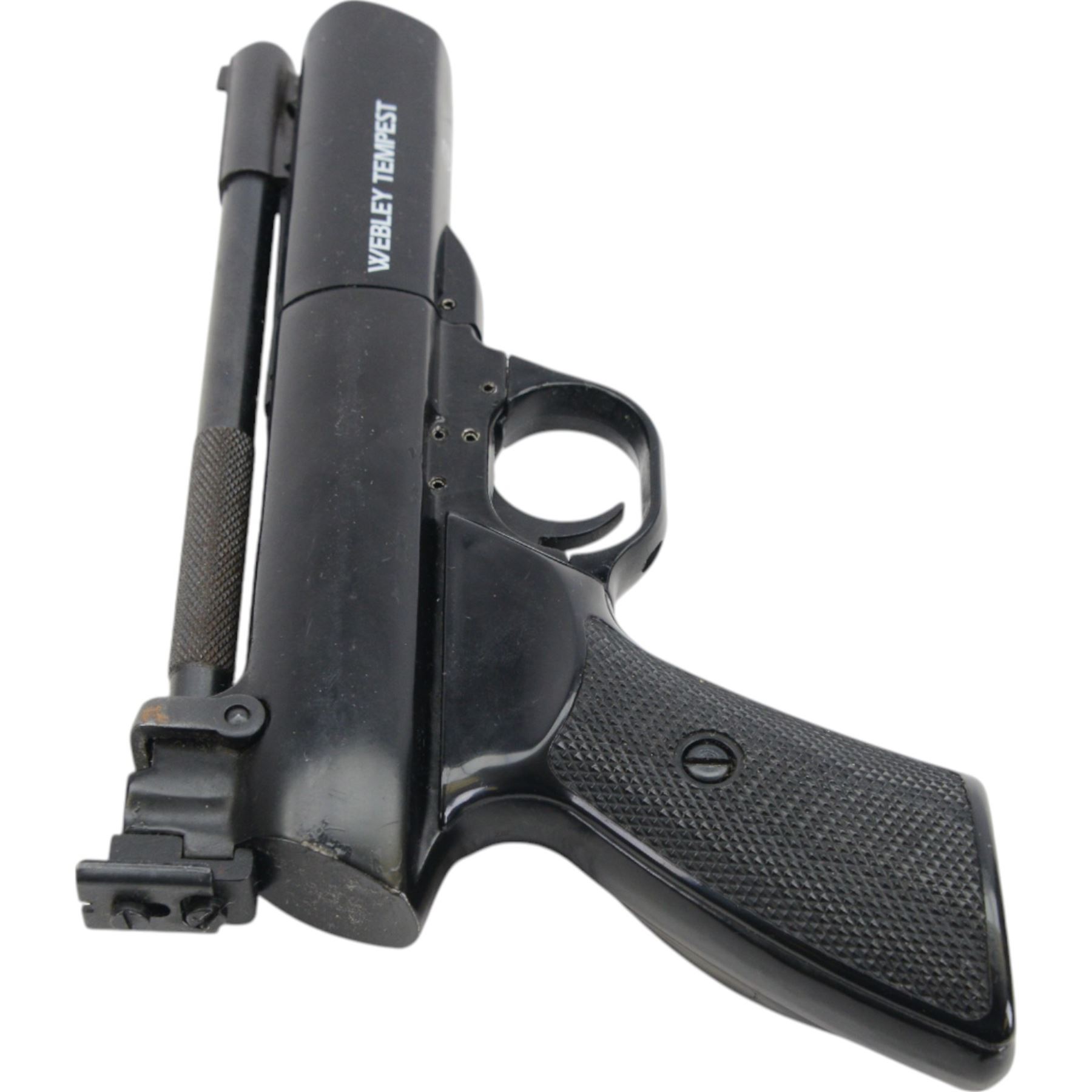 Webley Tempest .22 air pistol, the chamber marked 'Webley Tempest' and 'Webley & Scott Ltd. Made in England' beneath, with black checkered grip, H16cm, L28cm