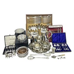 Silver plated four piece tea service, comprising teapot, coffee pot, milk jug and open sucrier, together with a silver plated tray, Community silver plate cutlery, three bottle coasters, cruet set, etc 