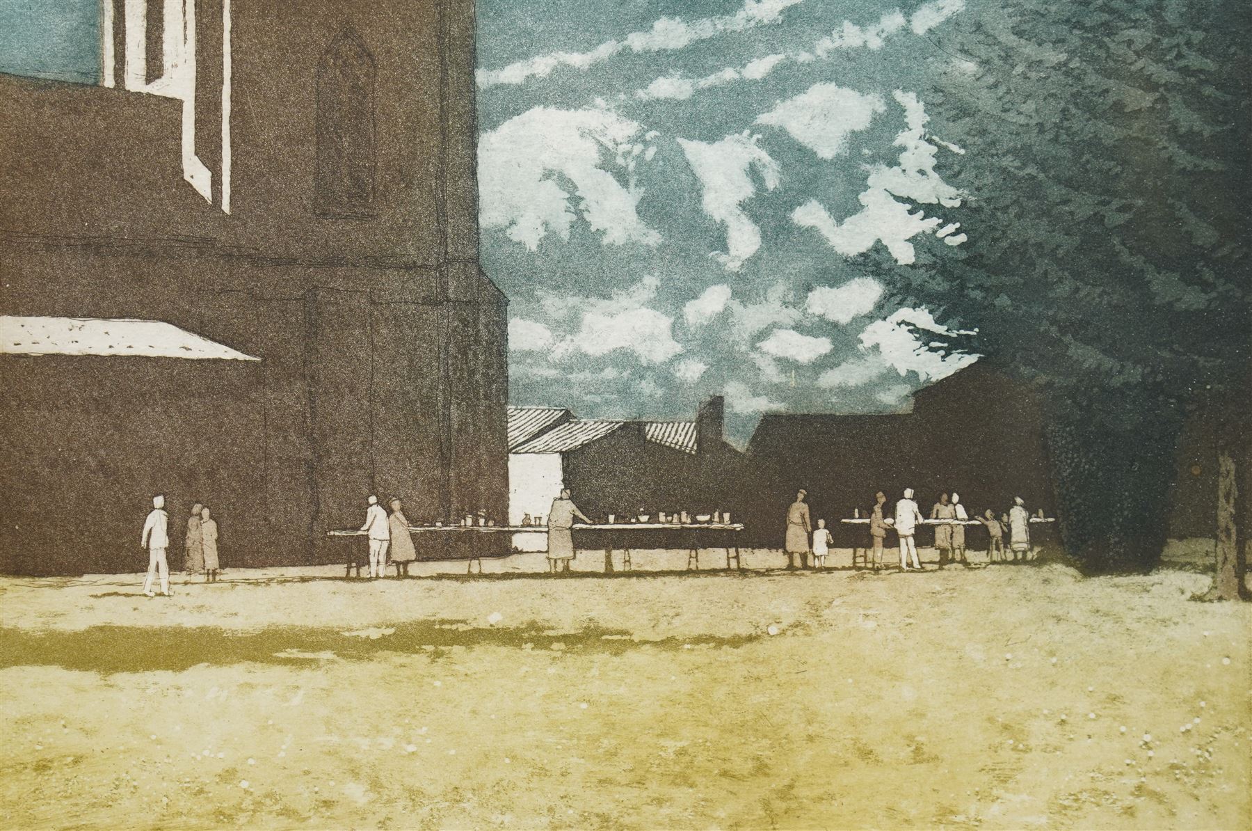 Colin Bygrave (British 1933-2020): 'Bring and Buy Sale - Fakenham', limited edition coloured etching signed titled and numbered 1/90 in pencil 27cm x 40cm