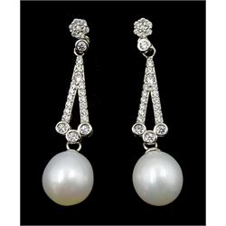 Pair of pearl and cubic zirconia pendant stud earrings, stamped 925