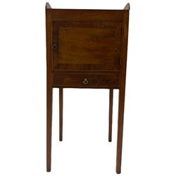 Early 19th century mahogany bedside pot cupboard, raised gallery back, enclosed by single door with band above single drawer, square supports