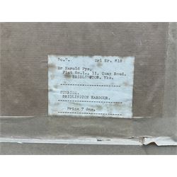 Harold Pye (Fylingdales Group mid 20th century): 'Sunrise - Bridlington Harbour', oil on board signed, titled on label verso 44cm x 54cm 