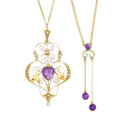 Two early 20th century gold amethyst pendants, including a heart cut amethyst and seed pearl openwork pendant, both on later gold chain necklaces, all 9ct
