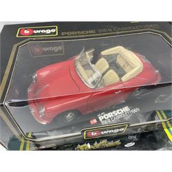 Nine 1:18/1:24 scale die-cast models - two Foxtons Mini Coopers; Road Legends Shelby Cobra; Maisto Mustang Mach III; and five by Bburago including Porsche 356B Cabriolet 1961, Chevrolet Corvette Convertible 1998 etc; all boxed (9)