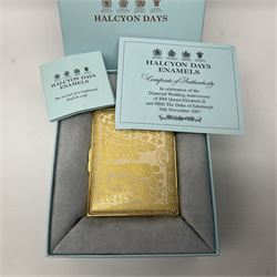 Two Halcyon Days enamel boxes, both of rectangular form, the first depicting Buckingham Palace, 'To Celebrate the Golden Jubilee of Her Majesty Queen Elizabeth', the second depicting the marriage of The Queen and Prince Philip, in celebration of their Diamond Wedding Anniversary, H4cm, W8.5cm, both boxed