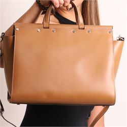 Mulberry - Iris Flat Stud handbag in Teak leather, the structured body with twin top handles and removable shoulder strap, polished silver-tone flat stud detailing and central ring hardware, opening with rolled top bars, with original Mulberry product tag, care booklet and dust bag, unused