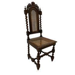 Victorian Carolean style oak chair, high-back with cartouche and oak leaf carved cresting, caned back and seat, on spiral turned supports 