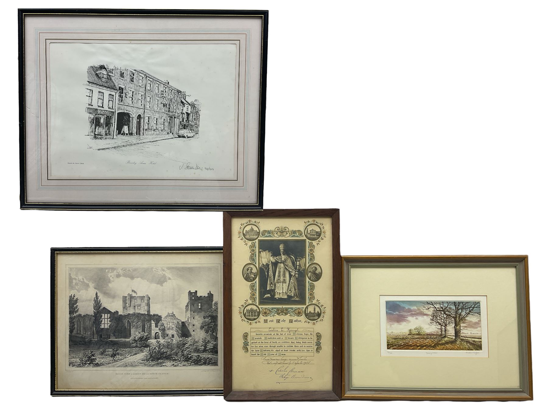 Martin Taylor limited edition colour etching, 19th century engraving of Ashby-de-la-Zouch Castle, John Steven Dews signed print, and a quantity of further prints