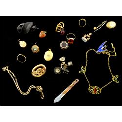Collection of Victorian and later jewellery including 8ct gold chain, 9ct gold ring and buckle brooch, jet compass, pinchbeck seal fob, brooches, lockets etc