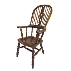 Traditional elm Yorkshire style Windsor armchair, high back with pierced and fret work splat, turned supports joined by double H stretcher