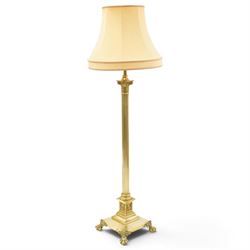 Late Victorian Neoclassical brass standard lamp with shade, the composite Ionic and Corint...