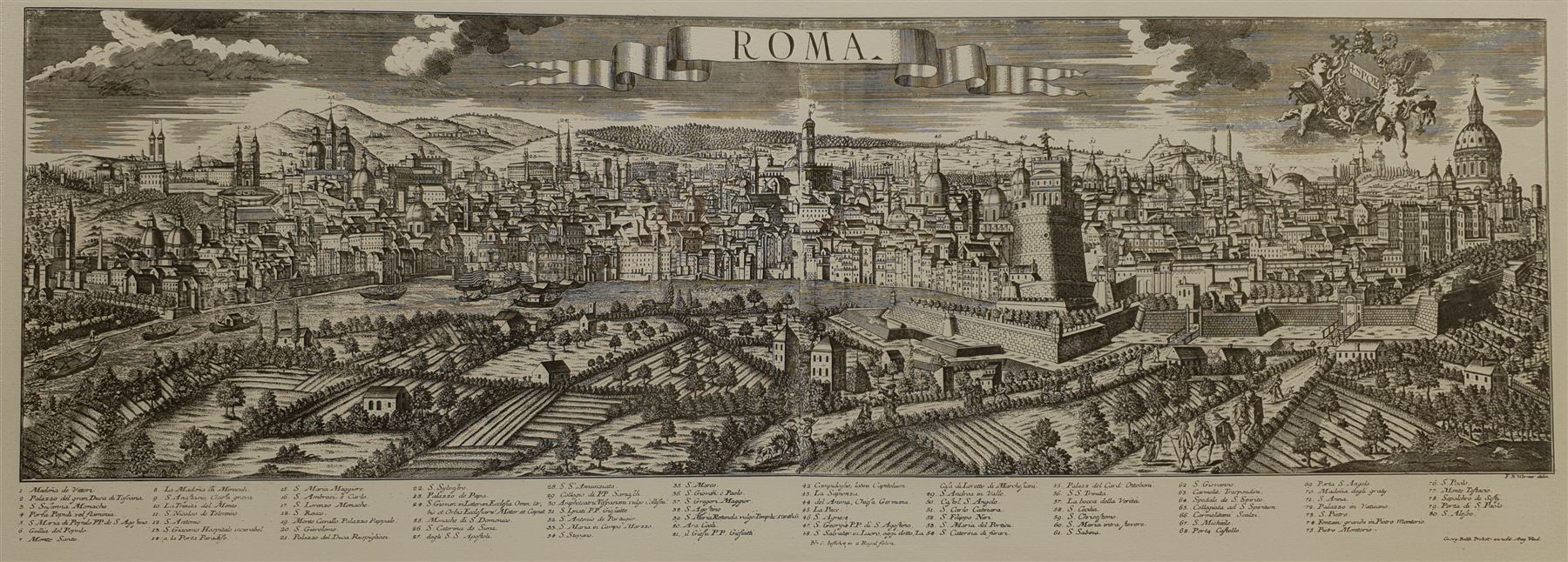After Friedrich Bernhard Werner (German 1690-1776): 'Roma', 20th century panoramic engraving 31cm x 86cm