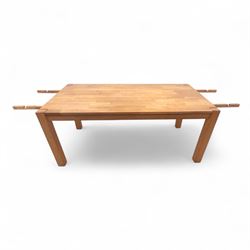 Contemporary solid oak rectangular dining table, with two additional extension leaves, together with eight matching high back dining chairs upholstered in cream suede-effect fabric (9) (Chair H 95cm, W 41cm, D 53cm) (Extends to 270cm)