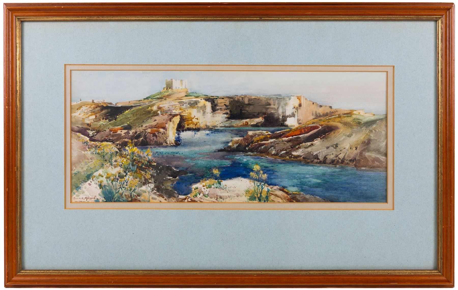 Frank Henry Mason (Staithes Group 1875-1965): 'Comino Island - Malta', watercolour signed and titled, further titled and dated c.1918-1919 on exhibition label verso 19cm x 46cm
Notes: this watercolour was possibly painted slightly later than Sliema Creek and it is one of a group of views in and around Malta, which Mason painted c.1918-1919. Others, which featured naval craft in Valetta harbour, were reproduced in the London Illustrated News in November 1919 but Mason here chooses to show no images of Malta at War.