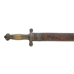 French 1832 Pattern Gladius short sword, the 49cm double edged blade inscribed to the ricasso, cast brass hilt with groove grip and short quillons, brass mounted leather scabbard, scabbard and sword both marked 994, overall L66cm