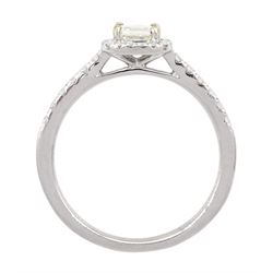 18ct white gold diamond halo cluster ring, the principal asscher cut diamond of 0.39 carat, with round brilliant cut diamond surround and diamond set shoulders, hallmarked, with International Gemological Laboratories report