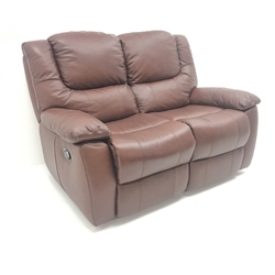 Two seat reclining sofa upholstered in brown leather, W150cm 