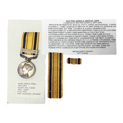  Victoria South Africa Medal (Zulu Wars) 1877-79 with 1879 clasp awarded to 50/544 Pte. T. Noon 57th Foot (West Middlesex regiment); with replacement ribbon but original ribbon present