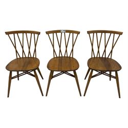 Lucian Ercolani for Ercol - set of six 'Shalstone dining chairs, curved top rail and spindle back with criss-cross design, solid seat raised on tapering supports, united by matching criss-cross stretchers