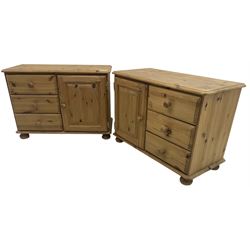 Pair of traditional pine bedside or side cabinets, fitted with three drawers and single cupboard, on compressed bun feet
