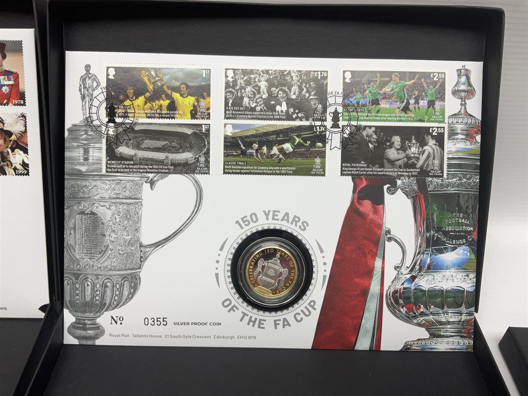 Five The Royal Mint Royal Mail silver proof coin covers, comprising 2021 'HG Wells' with two pounds, 2021 'HM The Queen's 95th Birthday' with five pounds, 2022 'Her Majesty The Queen's Platinum Jubilee 70 Years' with five pounds, 2022 'Her Majesty The Queen's Platinum Jubilee 70 Years' with fifty pence and 2022 '150 Years of The FA Cup' with two pounds, all in Royal Mail card boxes
