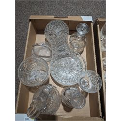 Stuart Crystal drinking glasses, including cut and etched examples, together with a collection of other cut glass and similar, including, decanters, vases, drinking glasses, jugs, etc