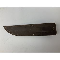 Three hunting knives, each blade marked A. Wright & Sons Sheffield, one with leather handle, one with horn handle and one with antler handle; each with leather sheath (3)