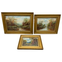 English School (Early 20th century): Landscapes, set of three oils on canvas, two indistinctly signed and dated 1919, the largest titled verso, 28cm x 45cm diminishing (3)