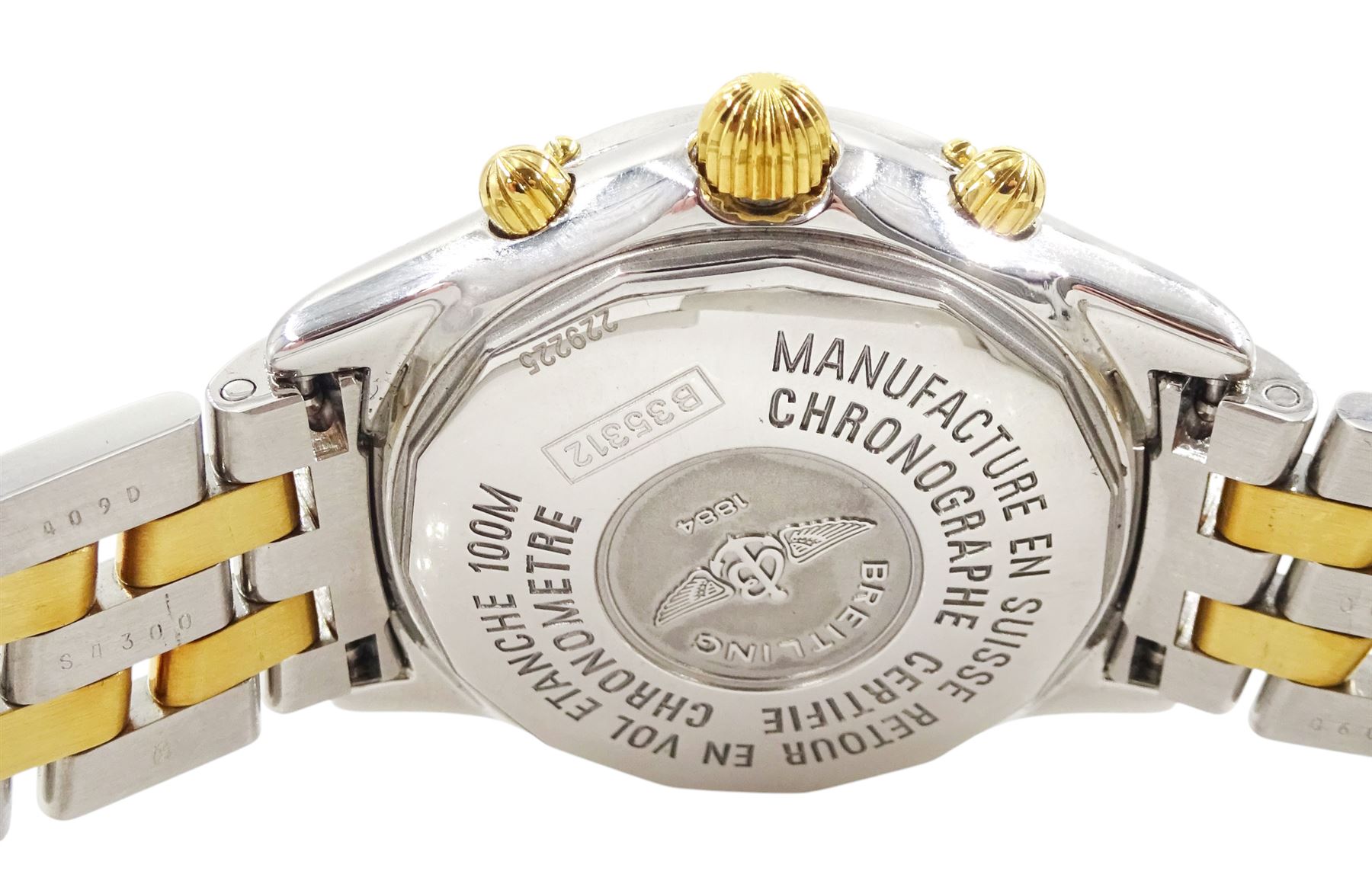 Breitling Shadow Flyback gentleman's stainless steel and gold-plated automatic chronometer wristwatch, Ref. B35312, serial No. 229225, silvered dial with three subsidiary dial and date aperture, on original stainless steel bracelet, with fold-over clasp, boxed with papers