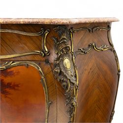 Early 20th-century Louis XV revival Vernis-Martin style bombe-shaped kingwood cabinet, serpentine-shaped variegated Breccia Pernice marble top with moulded edge, the front panel decoration with a painted romantic pastoral scene, interior with two shelves, flanked by gilt bronze masks, sides with diagonally book-matched veneer, bordered by gilt bronze scrolling acanthus mounts, raised on short cabriole form legs with gilt-bronze sabots, key included 