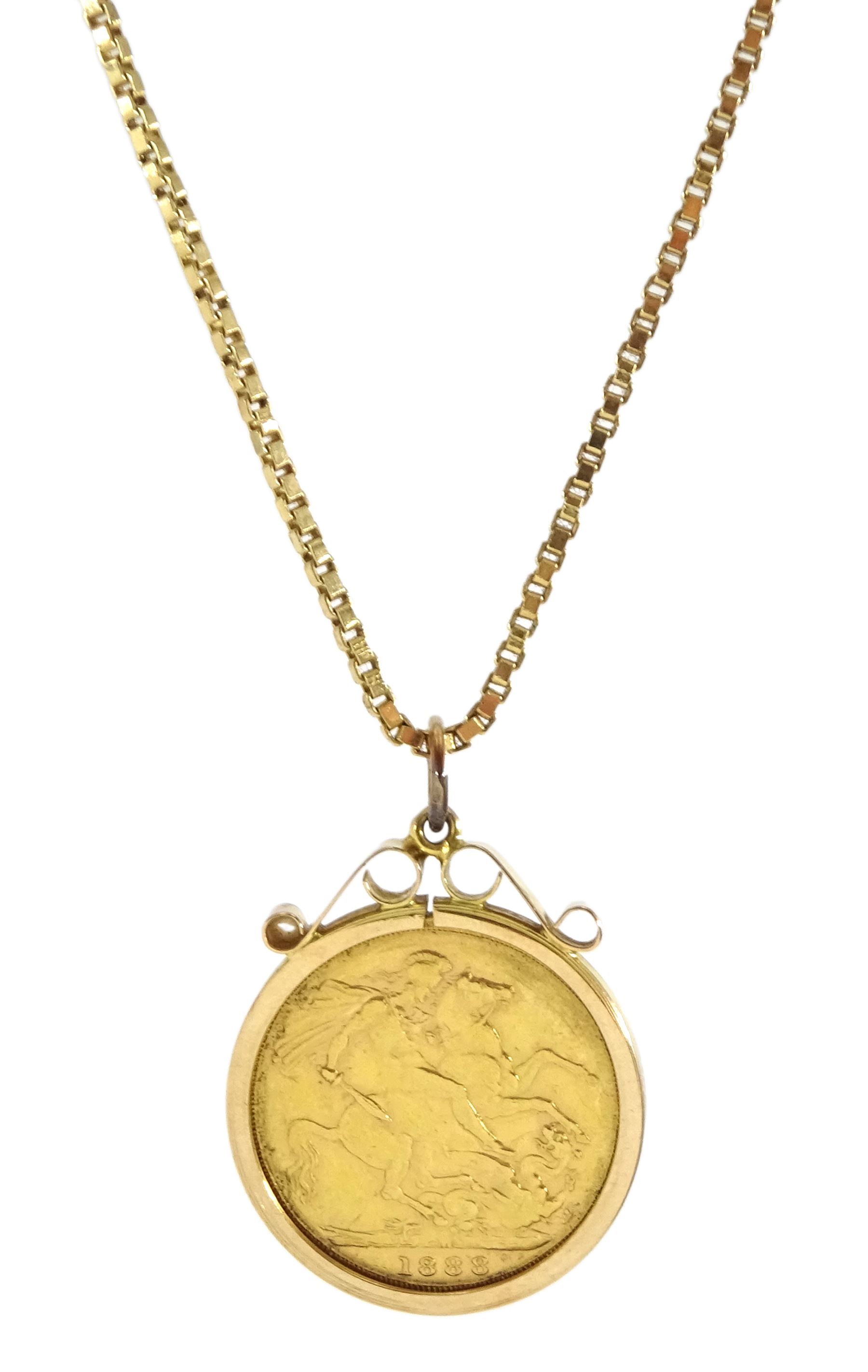 Queen Victoria 1888 gold full sovereign coin, loose mounted in 9ct gold, on 18ct gold box link chain, stamped 750