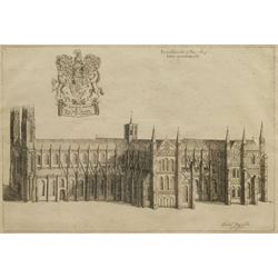 Daniel King (British c.1616-1661): Beverley Minster, 17th/18th century engraving 21cm x 31cm; Tom Harland (British 1945-2012): 'Winter Sunrise North Ferriby' and 'April Showers St Mary's Beverley', two colour prints signed in pencil, max 38cm x 45cm (3)