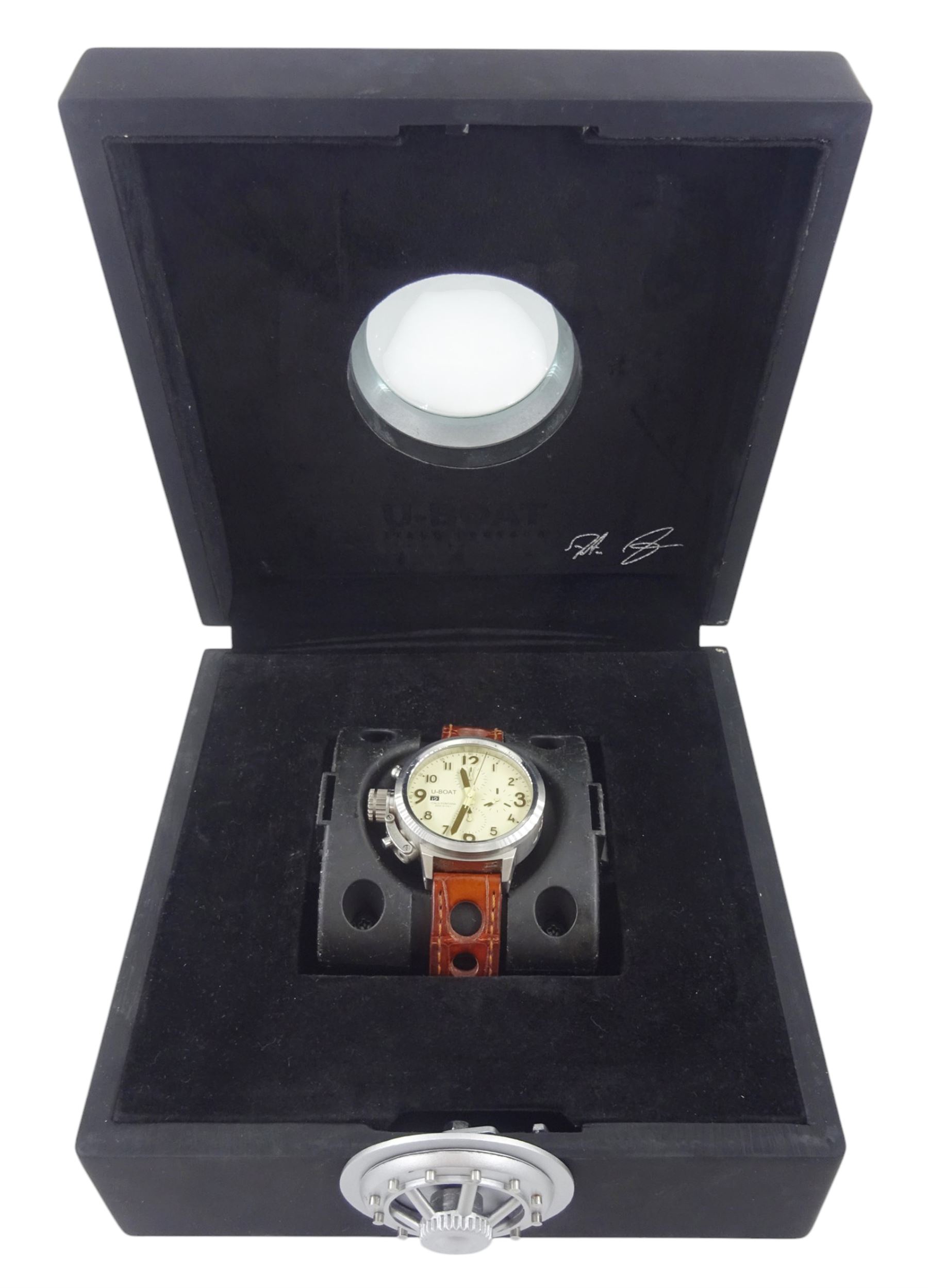 Italo Fontana U-Boat Flightdeck Cas Beige gentleman's stainless steel automatic watch, Ref. 7117, cream dial with Arabic hour markers and three subsidiary dials, on original brown leather strap, boxed with warranty card dated 2014