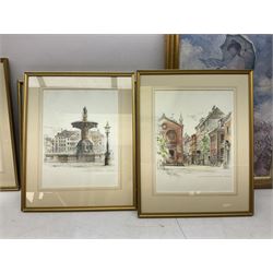 Hand painted wooden key cupboard, together with seventeen framed prints, to include city scapes, landscapes etc 