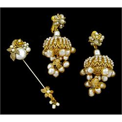 Miriam Haskell pair of simulated pearl and paste stone set screw back earrings and a similar simulated pearl stick pin, all stamped