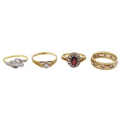 Early 20th century gold three stone old cut diamond crossover ring, with diamond set shoulders, stamped 18ct and three later 9ct gold stone set rings