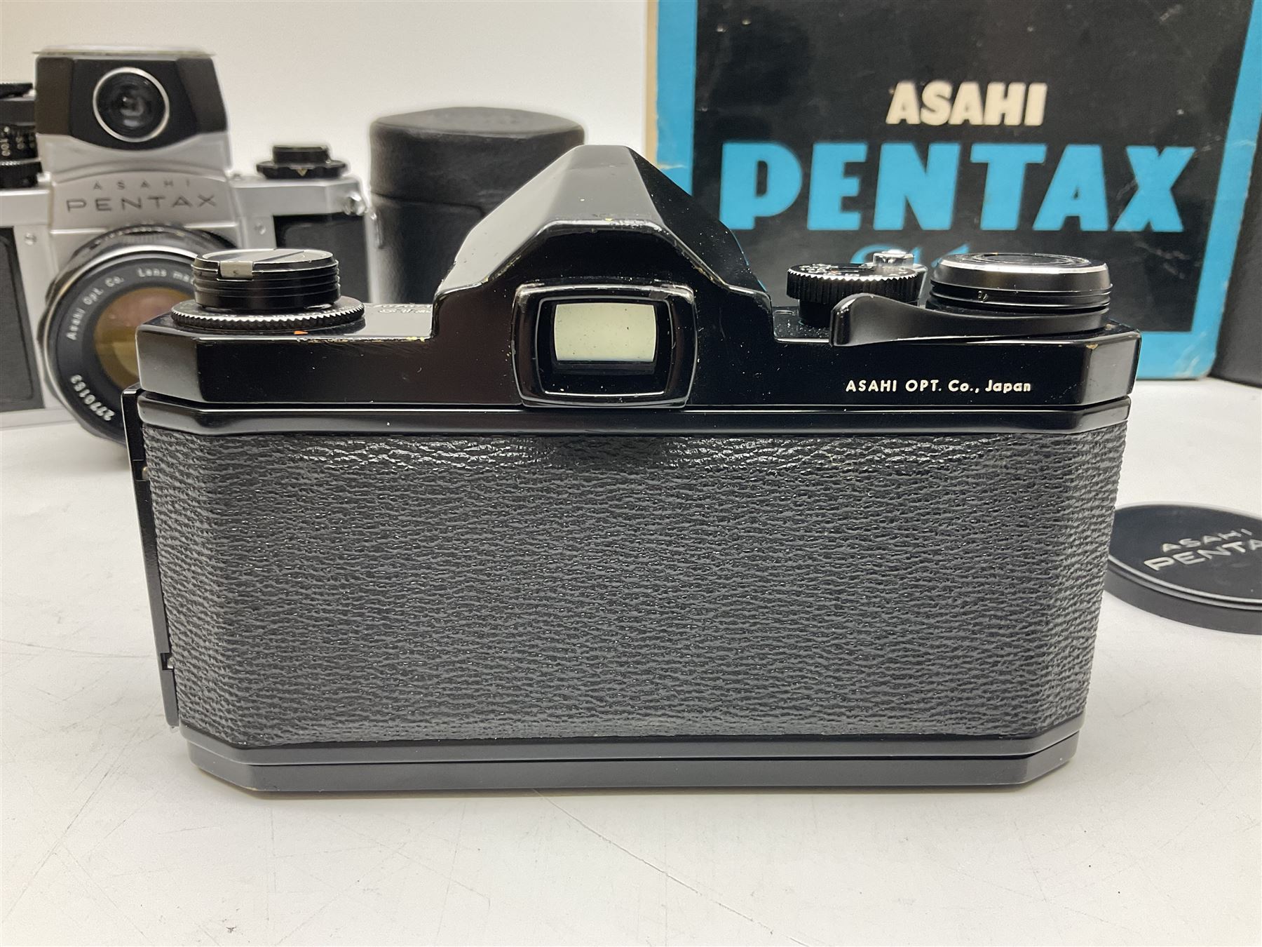 Asahi Pentax S1a camera body, serial no. 707071, with 'Super-Takumar 1:1.8/55' lens, serial no 2124044, together with Asahi Pentax Sv camera body, no. 1925617 with 'Super-Takumar 1:2/55' lens, serial no. 2770153, Asahi Pentax Meter, 'Super-Takumar 1:3.5/28' lens, serial no. 2075492 and 'Super-Takumar 1:4/150' lens, serial no. 1461613  