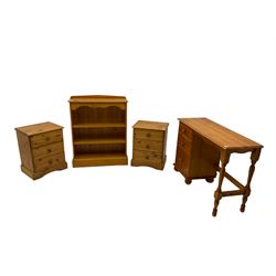 Pair pine bedside chests (W47cm, D38cm, H59cm), polished pine bookcase, and a single pedestal desk 