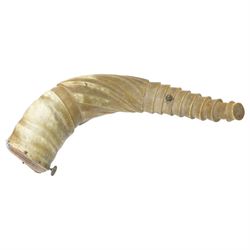 Small Aboriginal shield of navette shape L47cm, Indian powder horn and Victorian officers sword with wire wound shagreen grip and brass hilt, blade length 68cm (3)