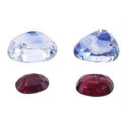 Two loose sapphires and two loose rubies, each ruby 0.58 carat and 0.82 carat