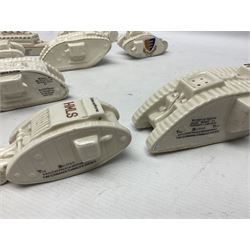 Twelve crested china models of WW1 tanks by Grafton, Arcadian and Carlton china etc with crests from Caistor Lincs, Saffron Walden, Paignton, Evesham etc  , together with a crested china model of the R.M.S Lusitania with New Brighton crest and a two-handled vase for 'The Forts Boxhill' (14)