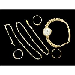 15ct gold ring shank and 9ct gold jewellery including two wedding bands, chain, and watch on gilt strap