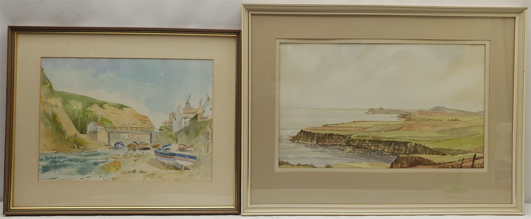 Jean Hardcastle (British 20th century): 'Staithes Bridge', watercolour signed and titled, dated 1987 verso 28cm x 39cm; Cliff Oldfield (British 20th century): 'Cloughton Wyke' looking to Scarborough, watercolour signed and dated '83, titled verso with artist's address 29cm x 48cm (2)