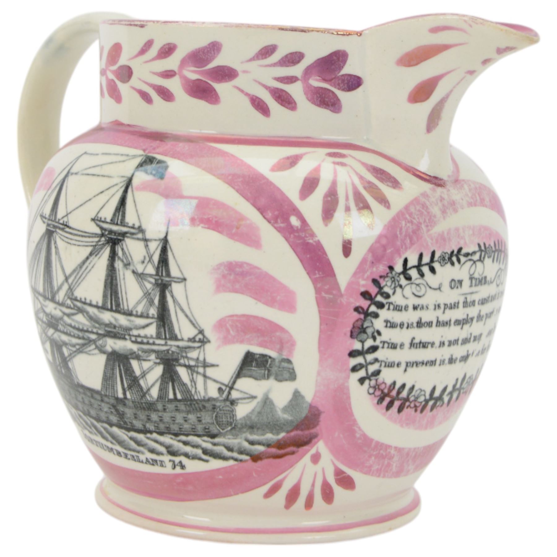 19th century Sunderland lustre jug, transfer printed with Northumberland 74, verse on Time to the front and the verse 'Swiftly see each moment flies...' to the other side, H18cm