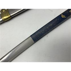 Early 19th century French Lancers officer's sword c1810, the 84cm curving fullered blade retaining most of its bluing, gilding and engraved decoration, inscribed I.S.& C. to ricasso (for Schimelbusch), brass three-bar hilt with elongated elliptical langets and wire-bound leather grip; in polished steel scabbard with two brass suspension rings L100cm overall