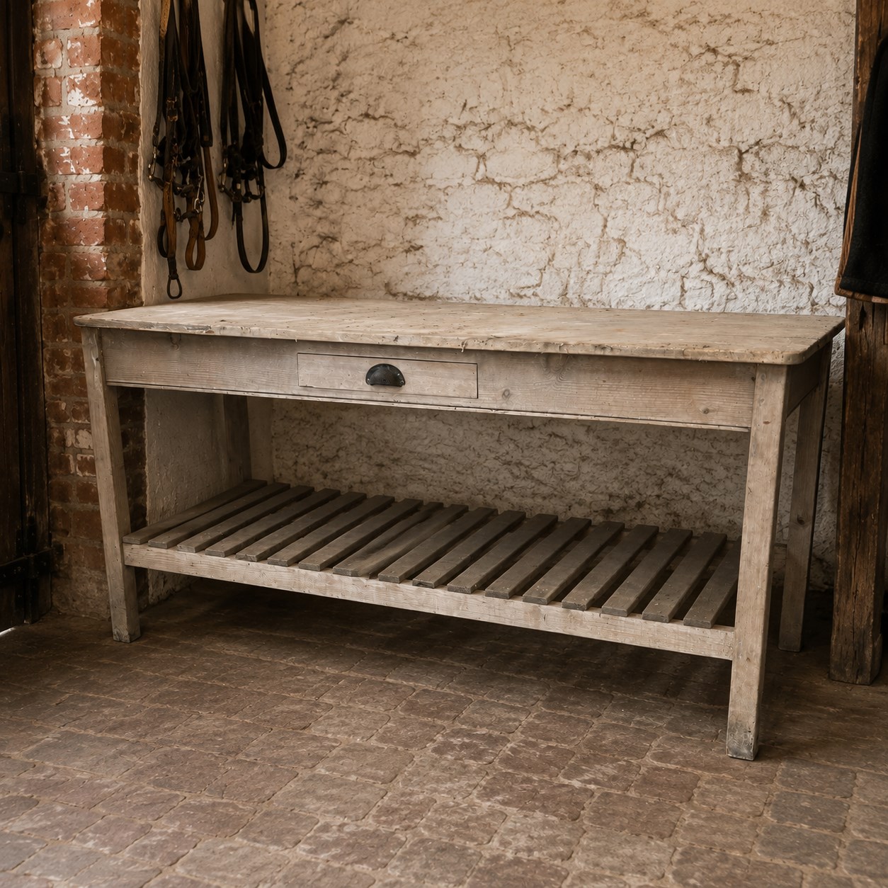 Large 19th century painted pitch pine scullery table, rectangular triple plank top fitted with single drawer, raised on square supports united by slatted under-tier