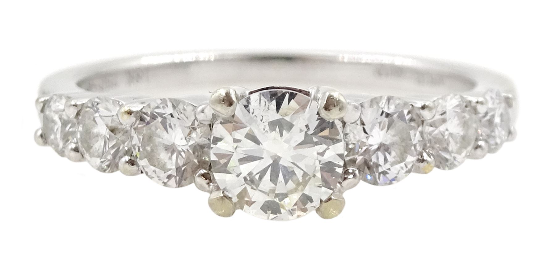 18ct white gold graduating seven stone round brilliant cut diamond ring, hallmarked, central diamond approx 0.40 carat, total diamond weight approx 1.00 carat