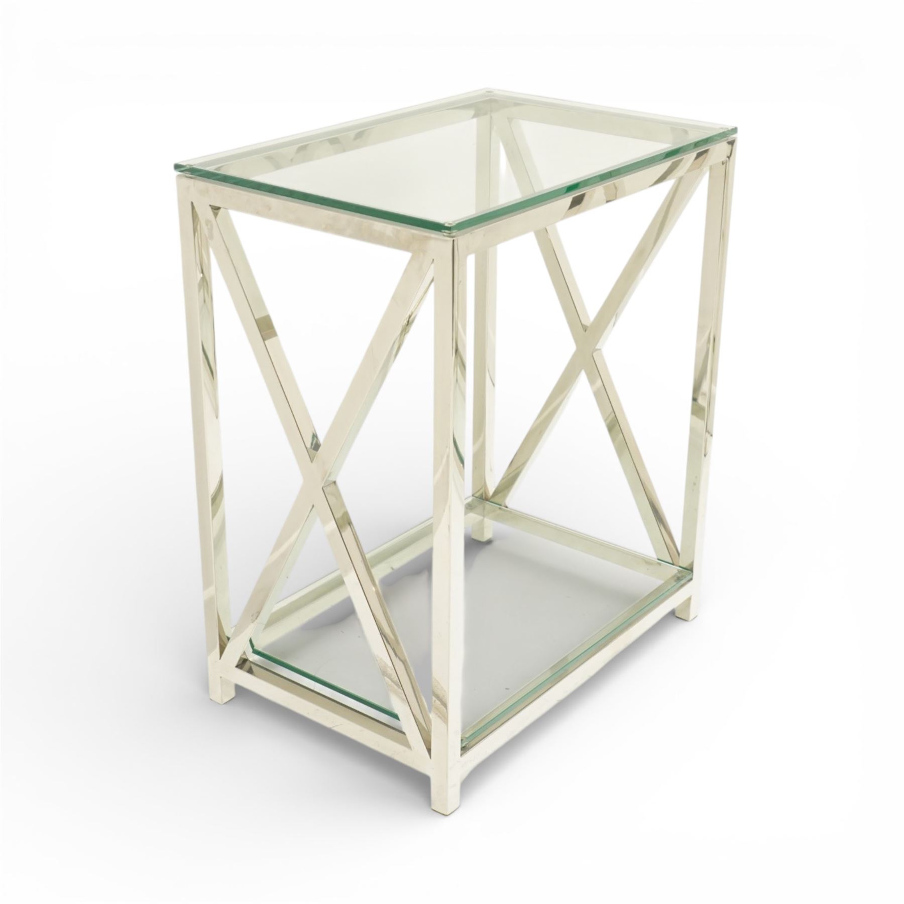 Pair of modern chrome lamp tables, rectangular plate glass top on polished chrome frame, the sides formed with X-frame stretchers, raised on square supports with lower glass tier 
