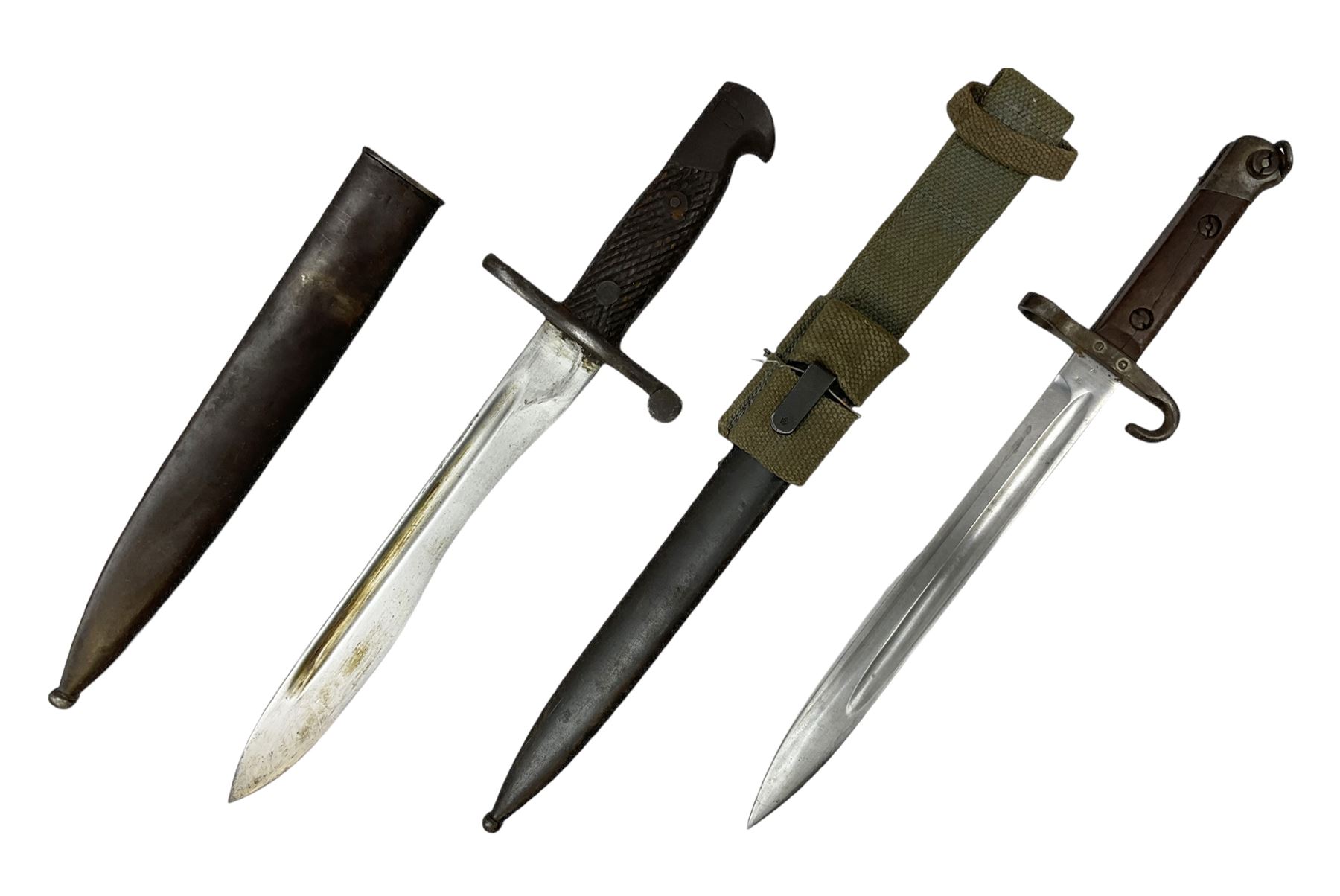 Austrian Model 1895 carbine NCO's knife bayonet with 25cm fullered steel blade; in steel scabbard with webbing frog L39cm overall; and Spanish Model 1941 Bolo bayonet with 25cm fullered steel blade No.6412D; in steel scabbard (2)
