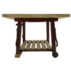 Kitchen island with rectangular maple top, on reclaimed machinery base with oak pot board, on block sledge feet